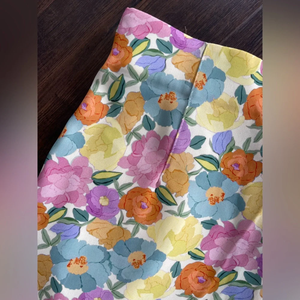 ZARA Floral Print Wide Leg High Waisted Flowy Pants Yellow Blue Green Size XL